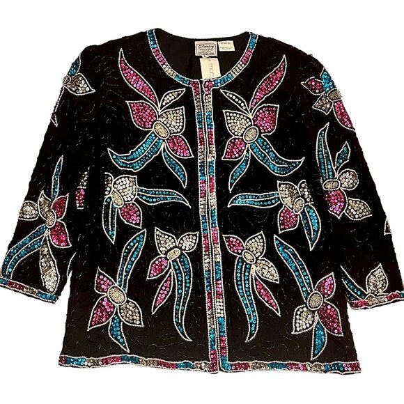 NWT Vintage Black Sequin Beaded Floral Jacket 100% Silk Size Large by Stenay - Picture 3 of 14